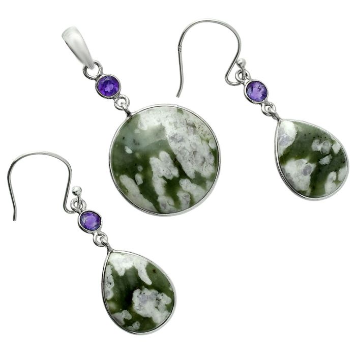 Peace Jade and Amethyst Pendant Earrings Set EXT01649 T-1010, 20x20 mm