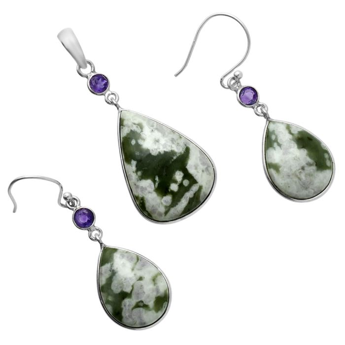 Peace Jade and Amethyst Pendant Earrings Set EXT01650 T-1010, 17x25 mm