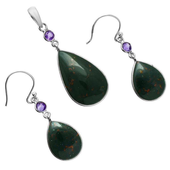 Blood Stone and Amethyst Pendant Earrings Set EXT01651 T-1010, 15x24 mm