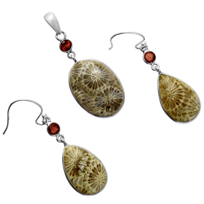 Flower Fossil Coral and Garnet Pendant Earrings Set EXT01652 T-1010, 15x21 mm