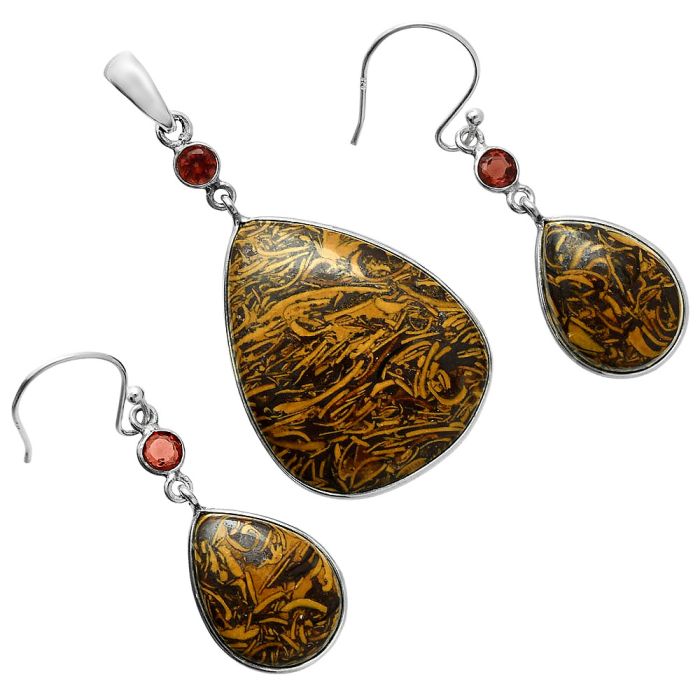 Coquina Fossil Jasper and Garnet Pendant Earrings Set EXT01653 T-1010, 24x29 mm