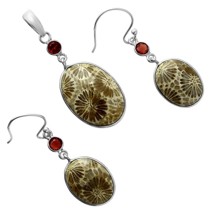 Flower Fossil Coral and Garnet Pendant Earrings Set EXT01655 T-1010, 15x21 mm