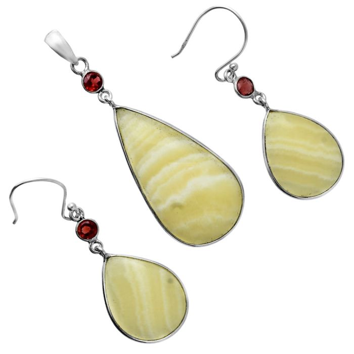 Yellow Aragonite and Garnet Pendant Earrings Set EXT01656 T-1010, 18x33 mm