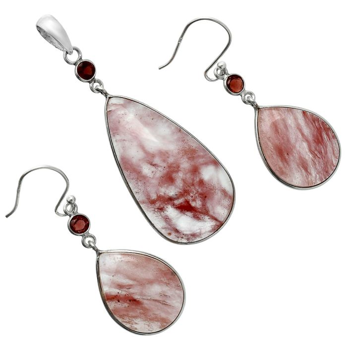 Watermelon Cherry Quartz and Garnet Pendant Earrings Set EXT01657 T-1010, 18x34 mm