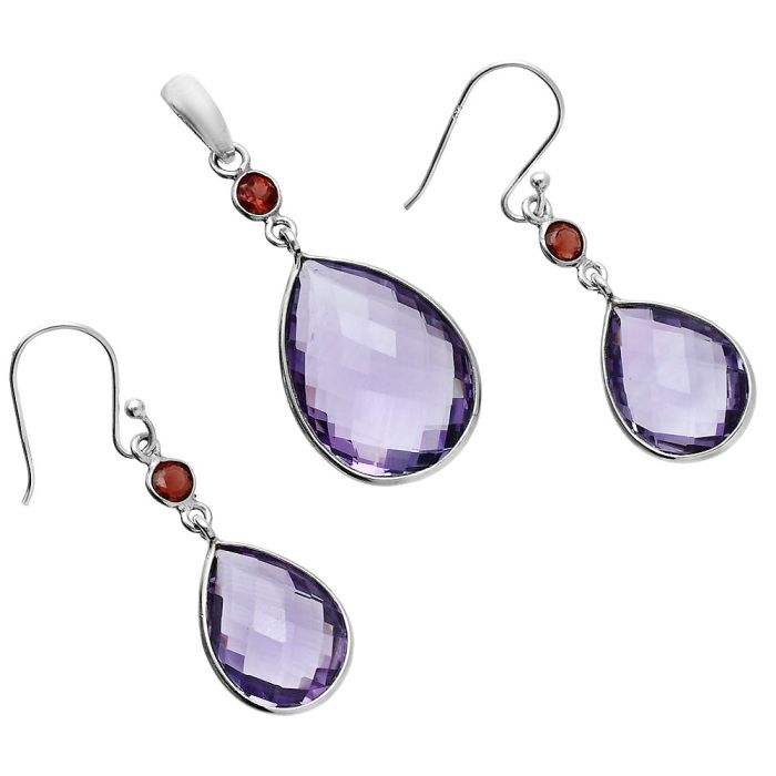 Amethyst Checker Briolette and Garnet Pendant Earrings Set EXT01658 T-1010, 16x21 mm