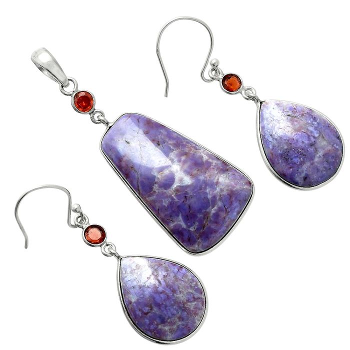 Lavender Jade and Garnet Pendant Earrings Set EXT01660 T-1010, 19x31 mm