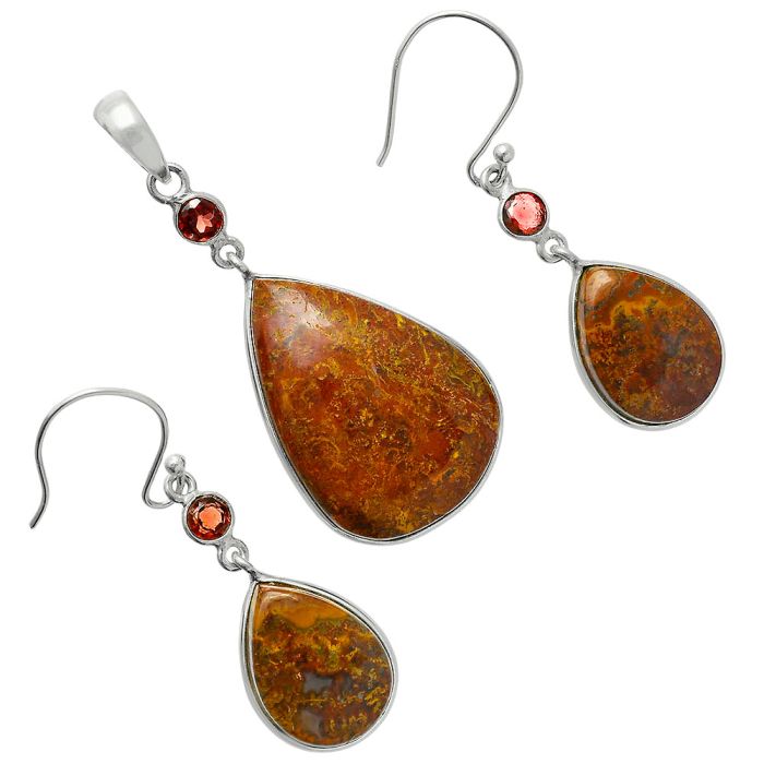 Rare Cady Mountain Agate and Garnet Pendant Earrings Set EXT01663 T-1010, 19x26 mm