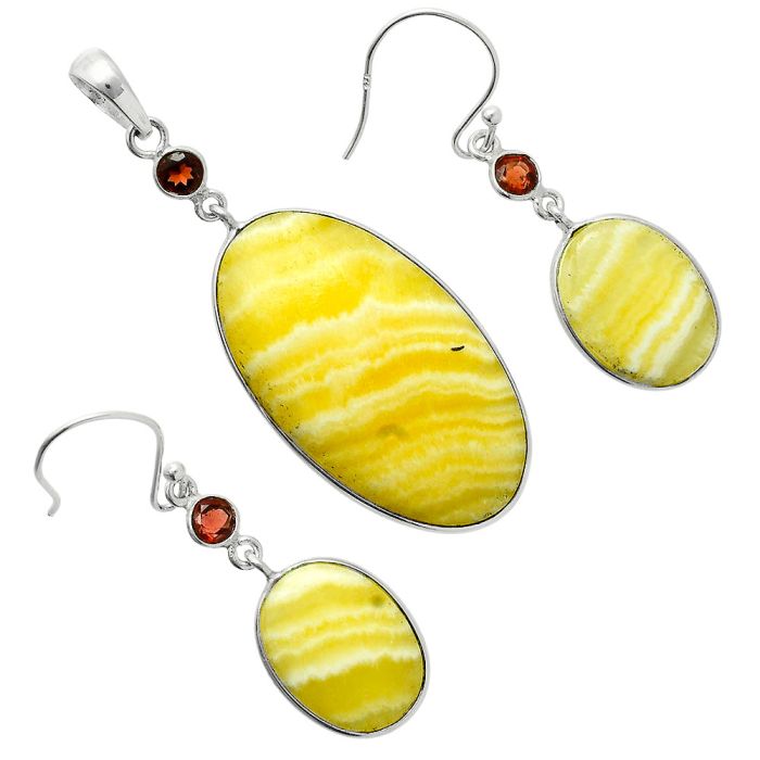 Yellow Aragonite and Garnet Pendant Earrings Set EXT01664 T-1010, 19x33 mm