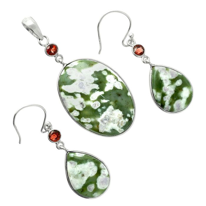 Peace Jade and Garnet Pendant Earrings Set EXT01665 T-1010, 21x29 mm