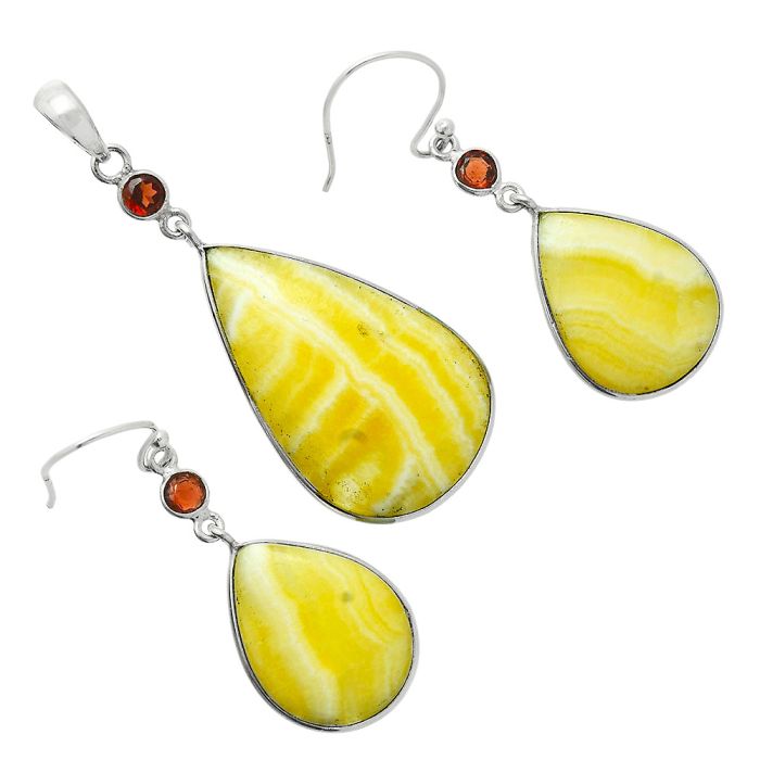 Yellow Aragonite and Garnet Pendant Earrings Set EXT01667 T-1010, 19x31 mm