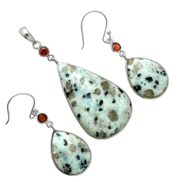 Sesame Jasper and Garnet Pendant Earrings Set EXT01668 T-1010, 22x37 mm