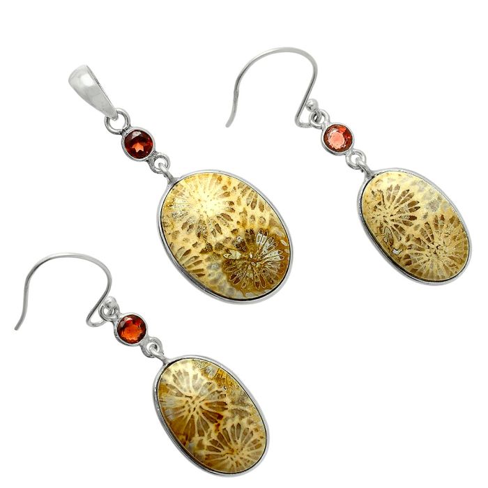 Flower Fossil Coral and Garnet Pendant Earrings Set EXT01670 T-1010, 15x20 mm