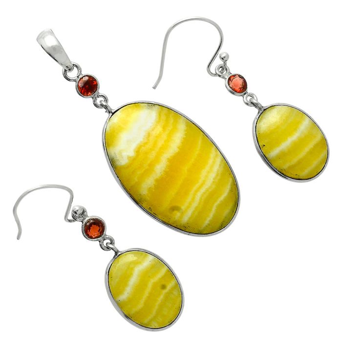 Yellow Aragonite and Garnet Pendant Earrings Set EXT01674 T-1010, 18x30 mm