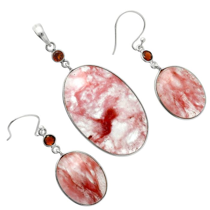 Watermelon Cherry Quartz and Garnet Pendant Earrings Set EXT01675 T-1010, 23x36 mm