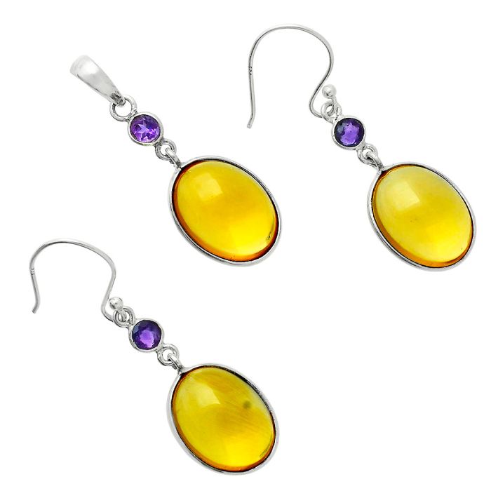 Citrine Cab and Amethyst Pendant Earrings Set EXT01678 T-1010, 12x16 mm