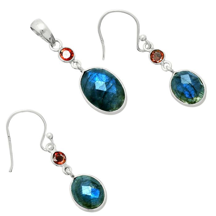 Blue Labradorite Checker and Garnet Pendant Earrings Set EXT01679 T-1010, 10x14 mm