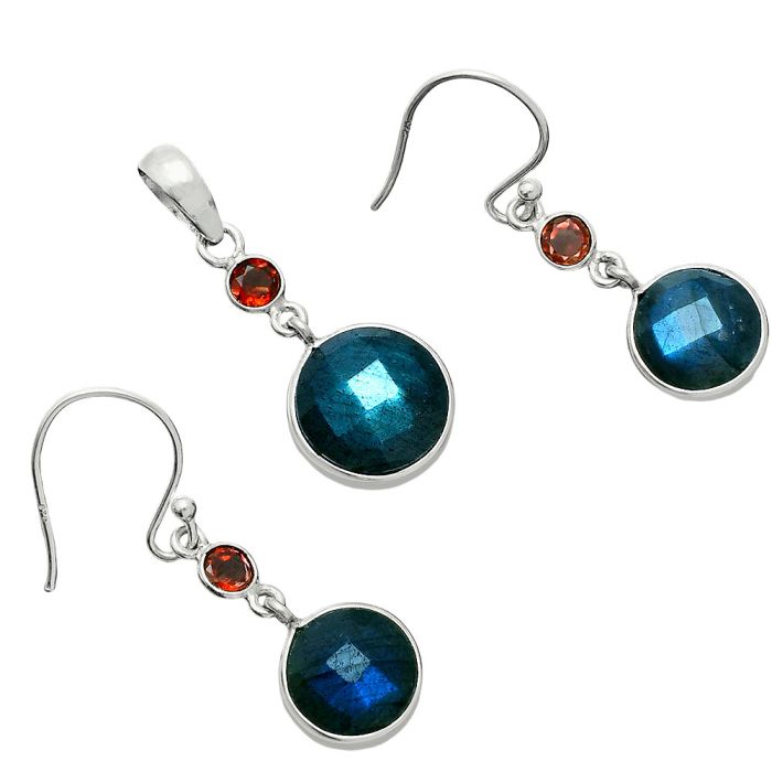 Blue Labradorite Checker and Garnet Pendant Earrings Set EXT01680 T-1010, 12x12 mm