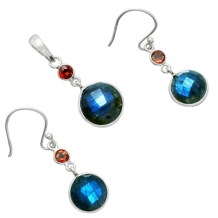 Blue Labradorite Checker and Garnet Pendant Earrings Set EXT01681 T-1010, 12x12 mm