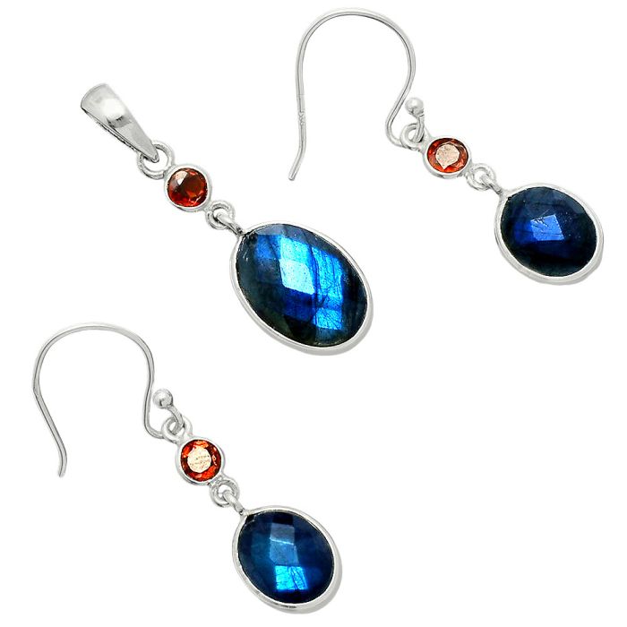 Blue Labradorite Checker and Garnet Pendant Earrings Set EXT01682 T-1010, 10x14 mm