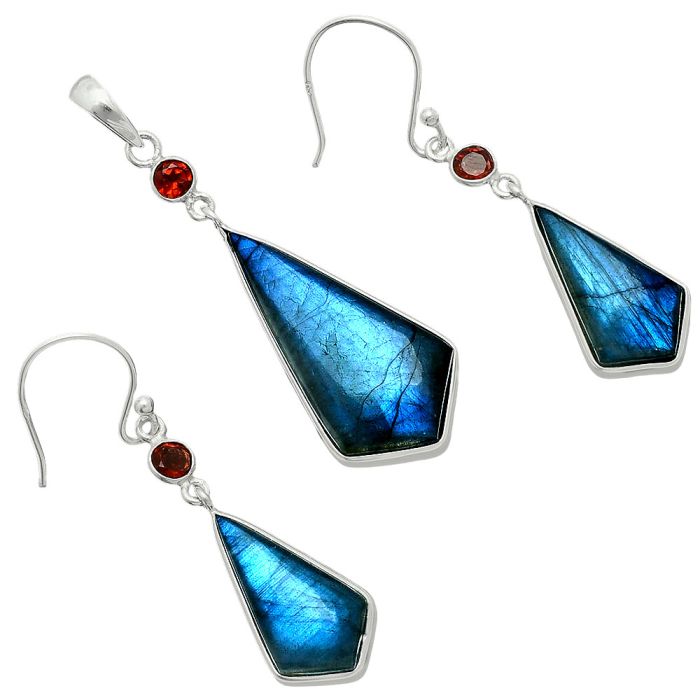 Blue Labradorite and Garnet Pendant Earrings Set EXT01683 T-1010, 15x29 mm