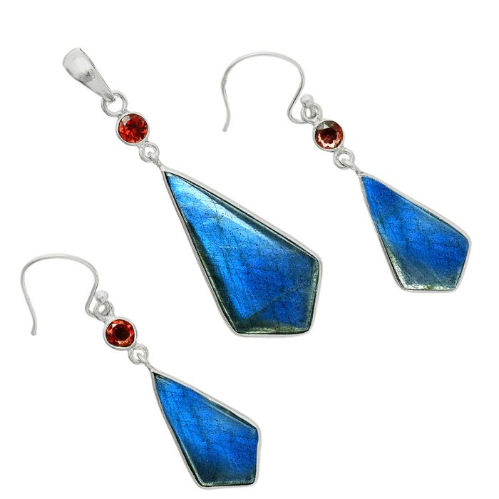 Blue Labradorite and Garnet Pendant Earrings Set EXT01684 T-1010, 11x19 mm