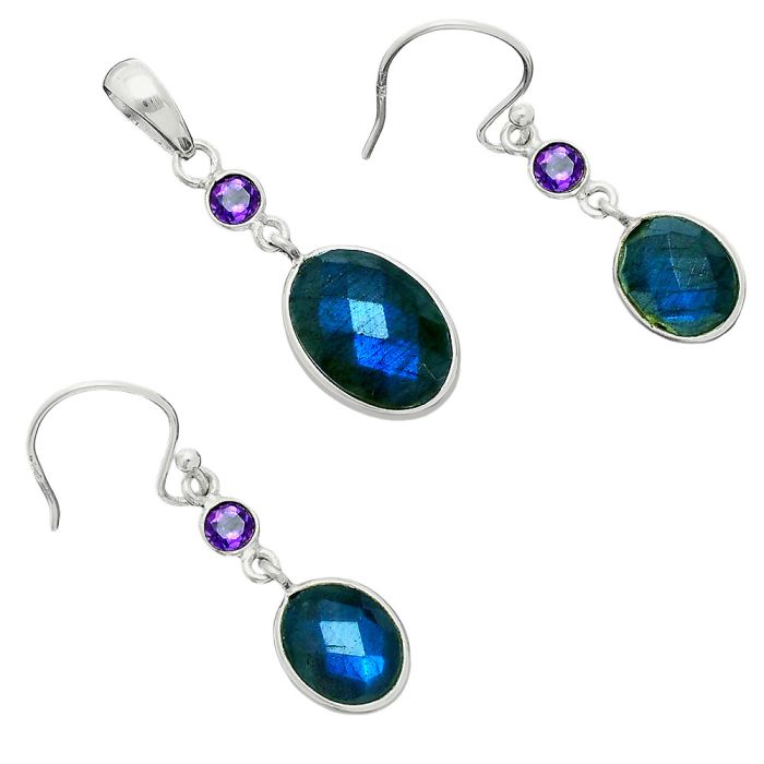 Blue Labradorite Checker and Amethyst Pendant Earrings Set EXT01685 T-1010, 10x14 mm