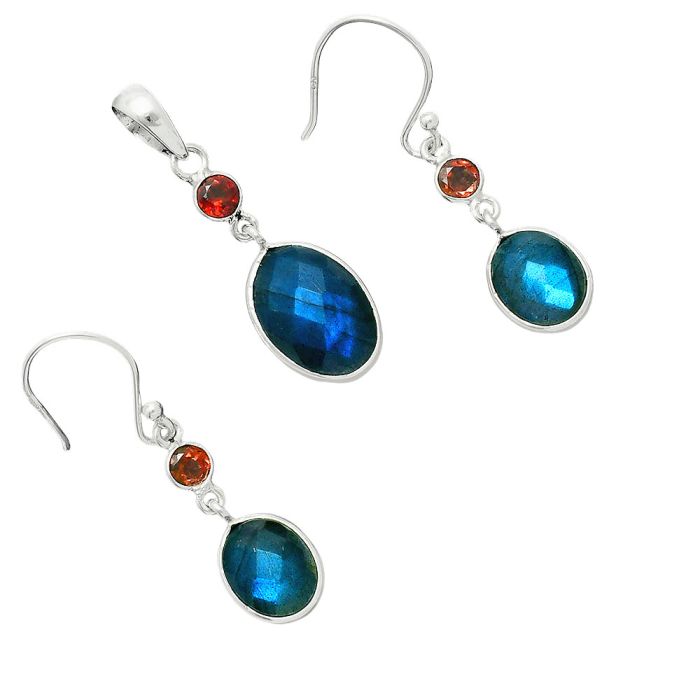 Blue Labradorite Checker and Garnet Pendant Earrings Set EXT01686 T-1010, 10x14 mm