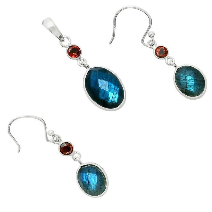 Blue Labradorite Checker and Garnet Pendant Earrings Set EXT01687 T-1010, 10x14 mm