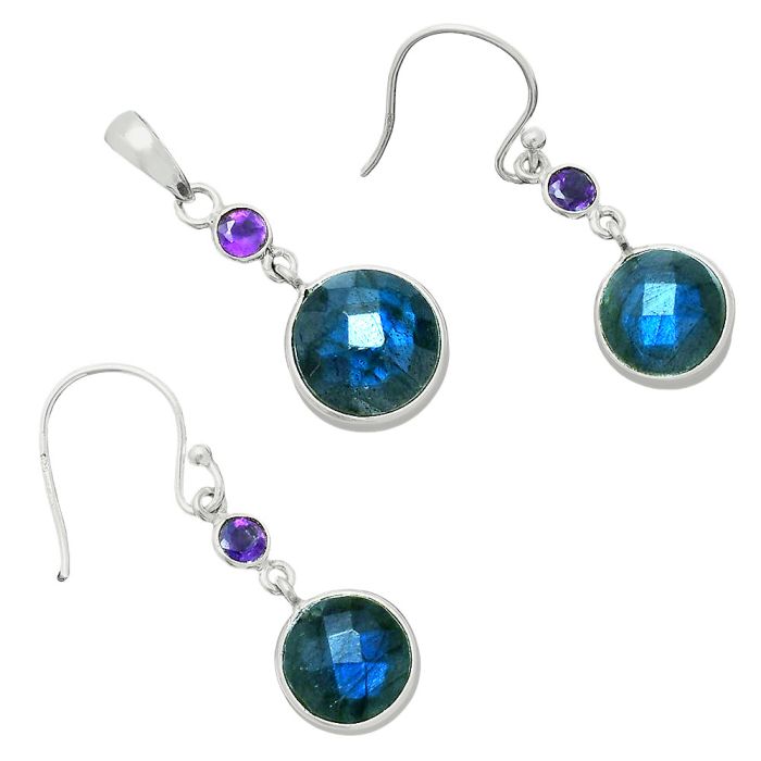 Blue Labradorite Checker and Amethyst Pendant Earrings Set EXT01688 T-1010, 12x12 mm