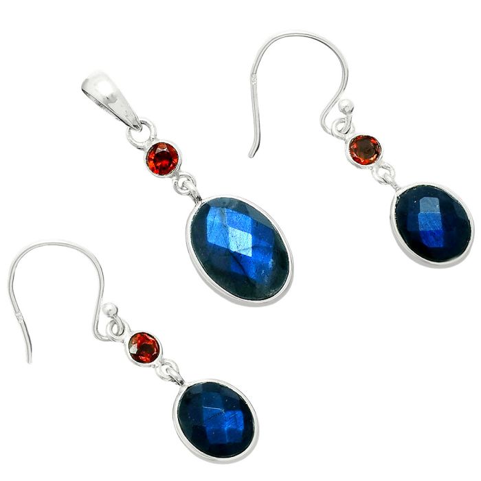 Blue Labradorite Checker and Garnet Pendant Earrings Set EXT01689 T-1010, 10x14 mm