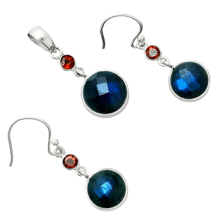 Blue Labradorite Checker and Garnet Pendant Earrings Set EXT01690 T-1010, 12x12 mm