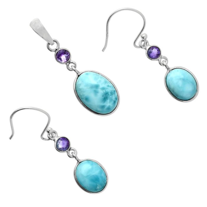 Larimar (Dominican Republic) and Amethyst Pendant Earrings Set EXT01691 T-1010, 10x14 mm