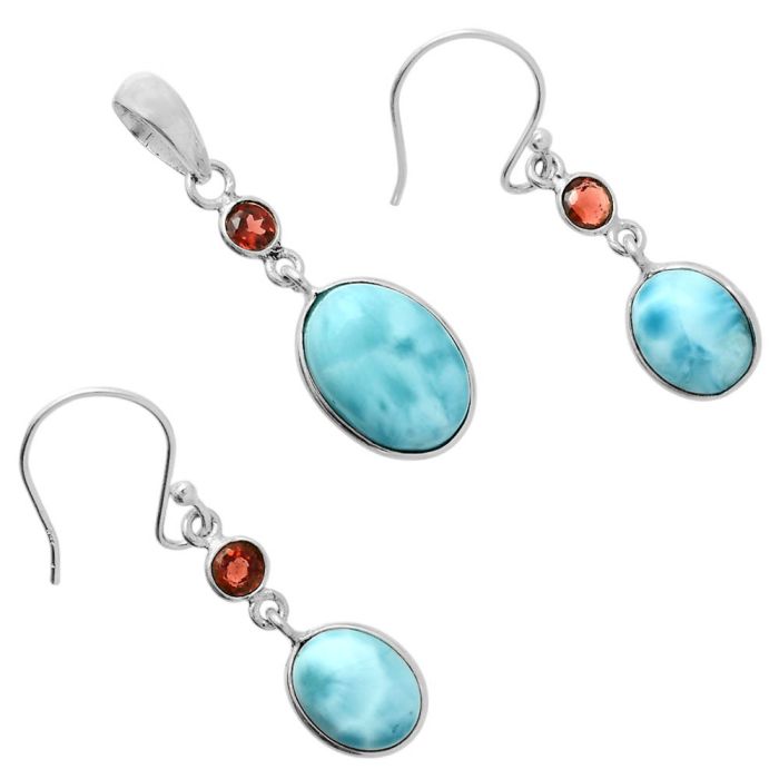 Larimar (Dominican Republic) and Garnet Pendant Earrings Set EXT01693 T-1010, 10x14 mm