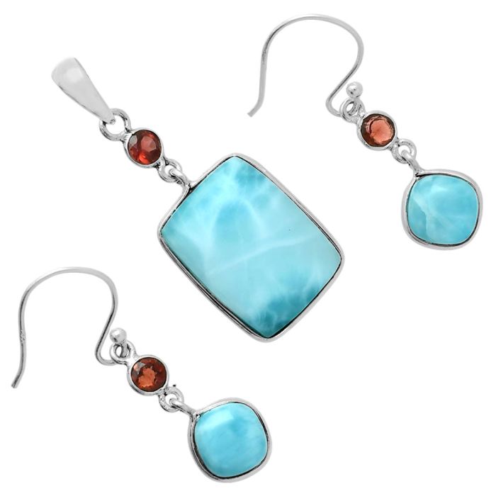 Larimar (Dominican Republic) and Garnet Pendant Earrings Set EXT01694 T-1010, 14x18 mm