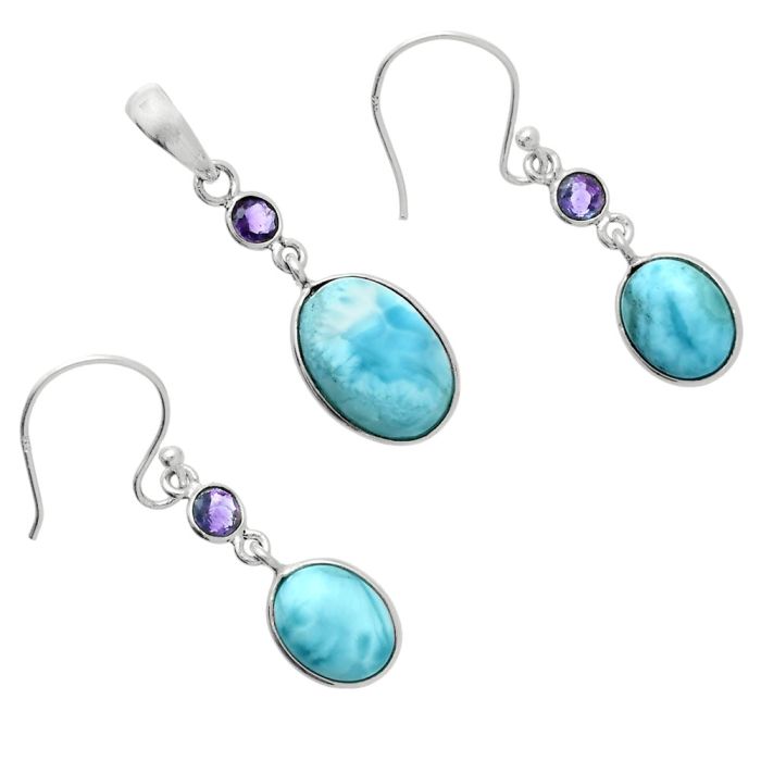 Larimar (Dominican Republic) and Amethyst Pendant Earrings Set EXT01696 T-1010, 10x14 mm