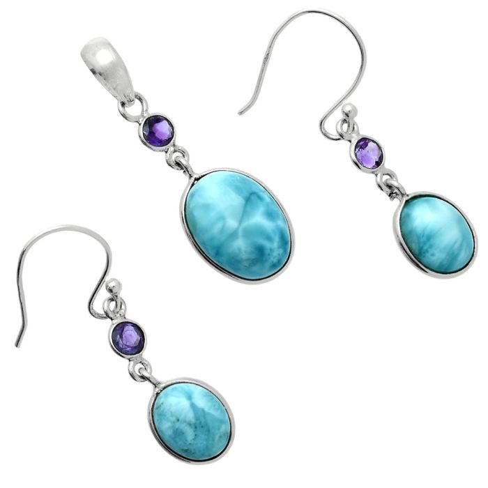 Larimar (Dominican Republic) and Amethyst Pendant Earrings Set EXT01698 T-1010, 10x14 mm