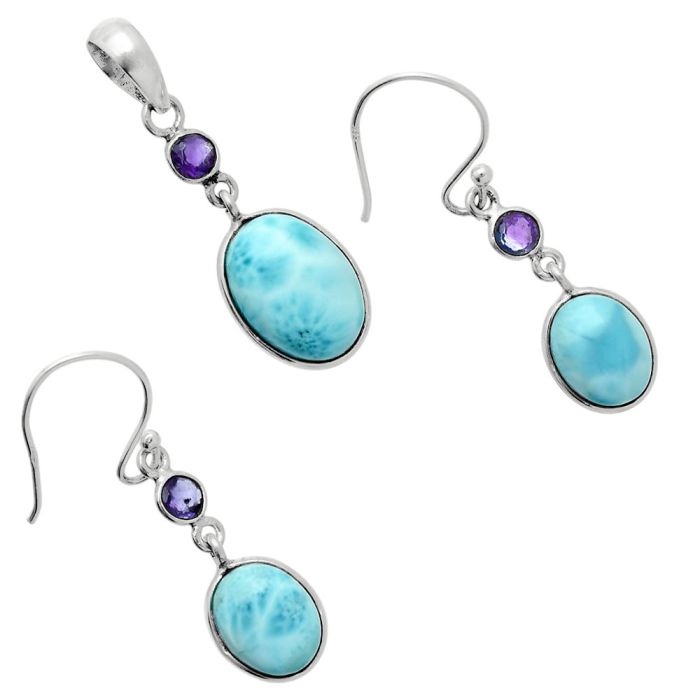 Larimar (Dominican Republic) and Amethyst Pendant Earrings Set EXT01699 T-1010, 10x14 mm