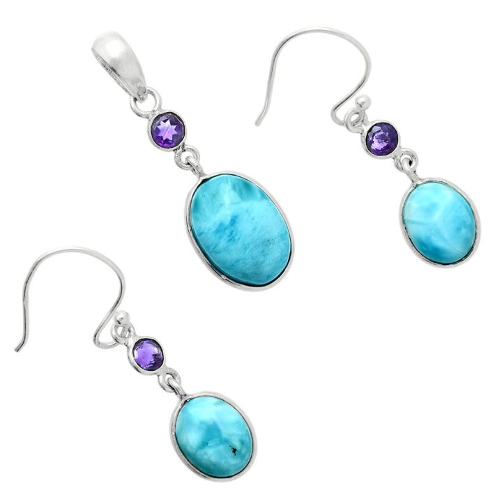 Larimar (Dominican Republic) and Amethyst Pendant Earrings Set EXT01700 T-1010, 10x14 mm