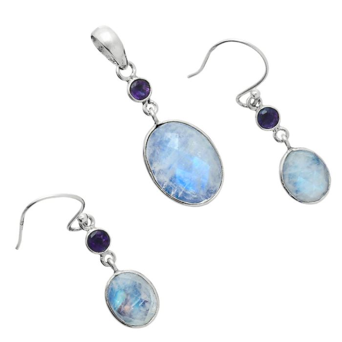 Rainbow Moonstone Checker and Amethyst Pendant Earrings Set EXT01701 T-1010, 12x16 mm