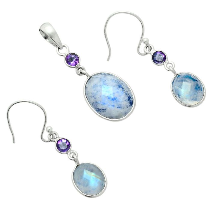 Rainbow Moonstone Checker and Amethyst Pendant Earrings Set EXT01702 T-1010, 12x16 mm