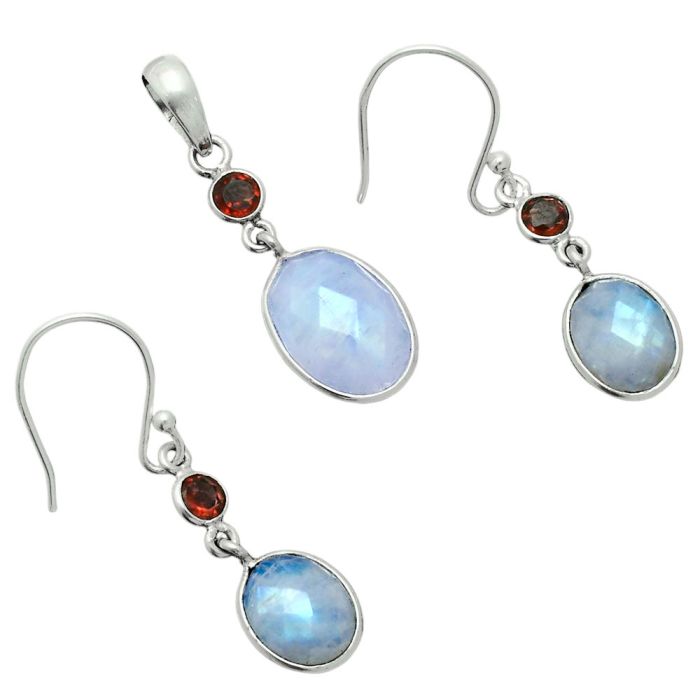 Rainbow Moonstone Checker and Garnet Pendant Earrings Set EXT01703 T-1010, 10x14 mm