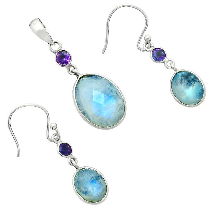 Rainbow Moonstone Checker and Amethyst Pendant Earrings Set EXT01704 T-1010, 12x16 mm