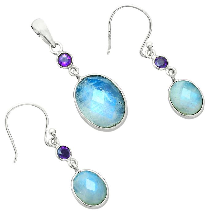 Rainbow Moonstone Checker and Amethyst Pendant Earrings Set EXT01705 T-1010, 12x16 mm