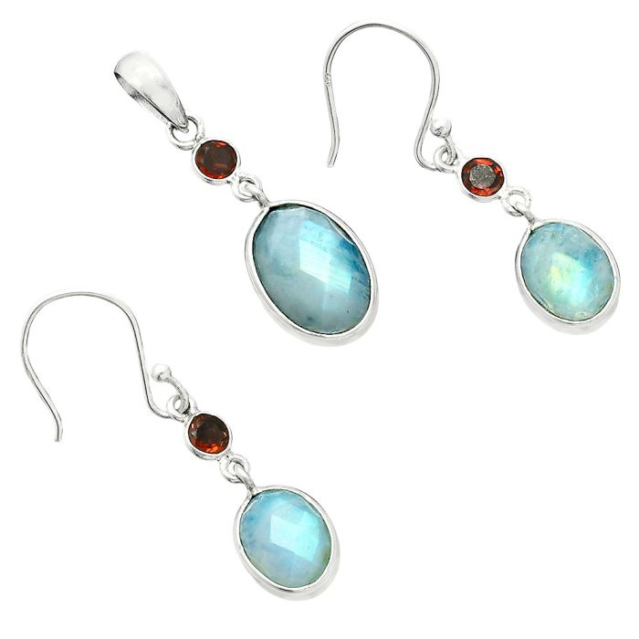 Rainbow Moonstone Checker and Garnet Pendant Earrings Set EXT01706 T-1010, 10x14 mm