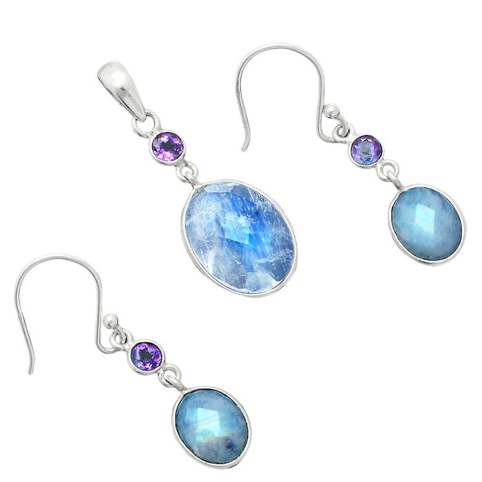 Rainbow Moonstone Checker and Amethyst Pendant Earrings Set EXT01707 T-1010, 12x16 mm