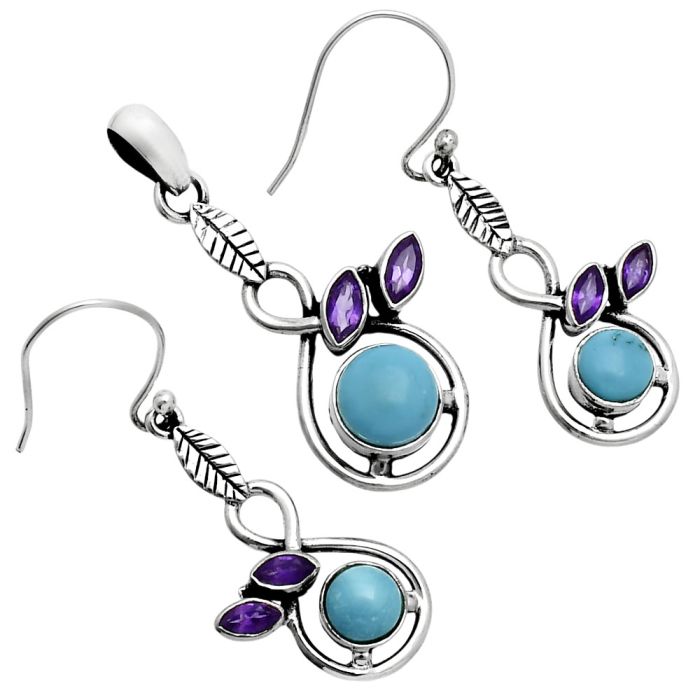 Sleeping Beauty Turquoise and Amethyst Pendant Earrings Set EXT01758 T-1013, 6x6 mm