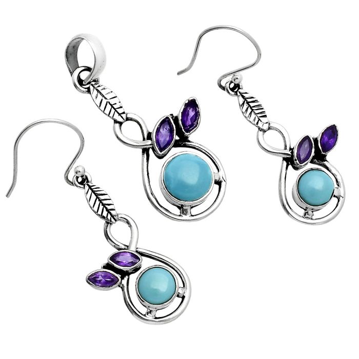 Sleeping Beauty Turquoise and Amethyst Pendant Earrings Set EXT01759 T-1013, 6x6 mm