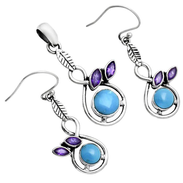 Sleeping Beauty Turquoise and Amethyst Pendant Earrings Set EXT01761 T-1013, 6x6 mm