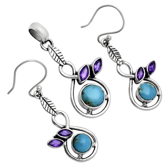 Natural Rare Turquoise Nevada Aztec Mt and Amethyst Pendant Earrings Set EXT01762 T-1013, 6x6 mm