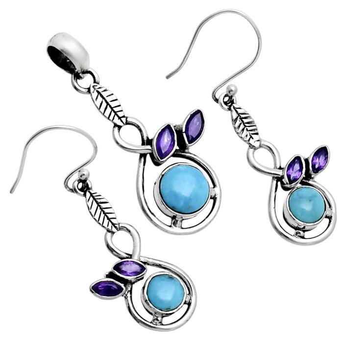 Natural Rare Turquoise Nevada Aztec Mt and Amethyst Pendant Earrings Set EXT01763 T-1013, 6x6 mm